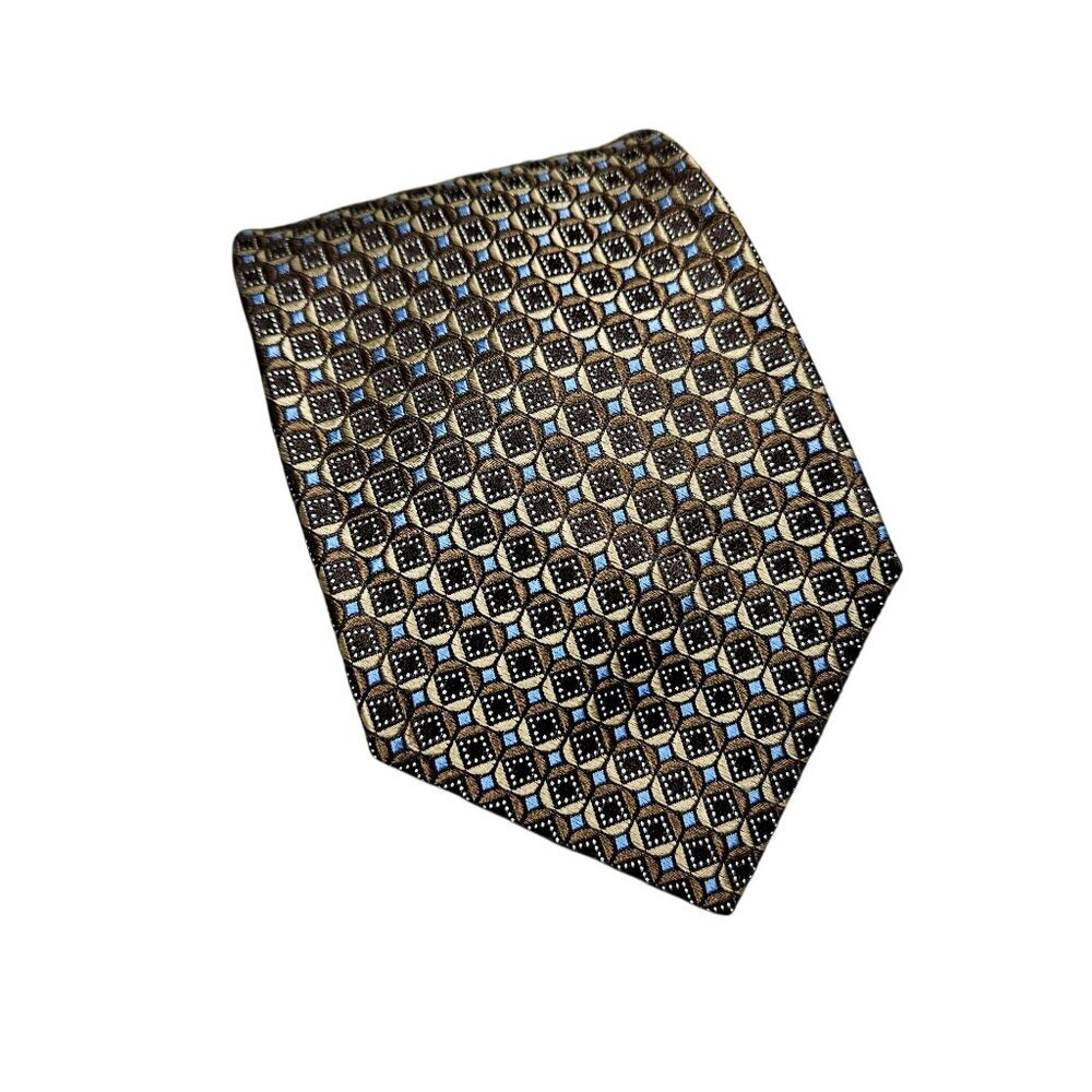 Daniel Cremieux Handmade‎ Silk Tie Geometric Pattern Brown & Blue Standard Size
